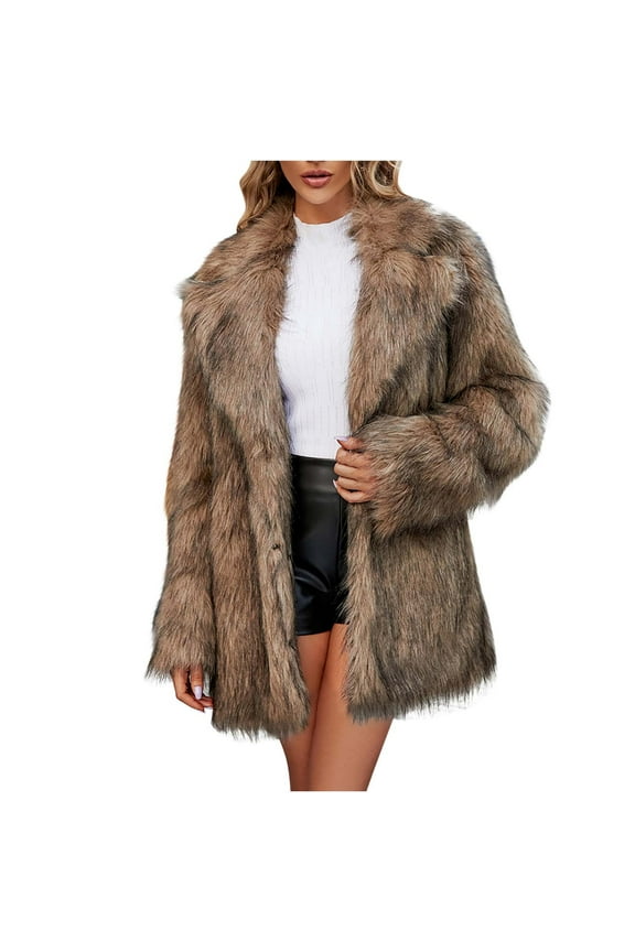 Women's Faux Fur Jackets & Coats Womens Ladies Warm Faux Furry Long Coat Jacket Winter Solid V-neck Outerwear Brown M