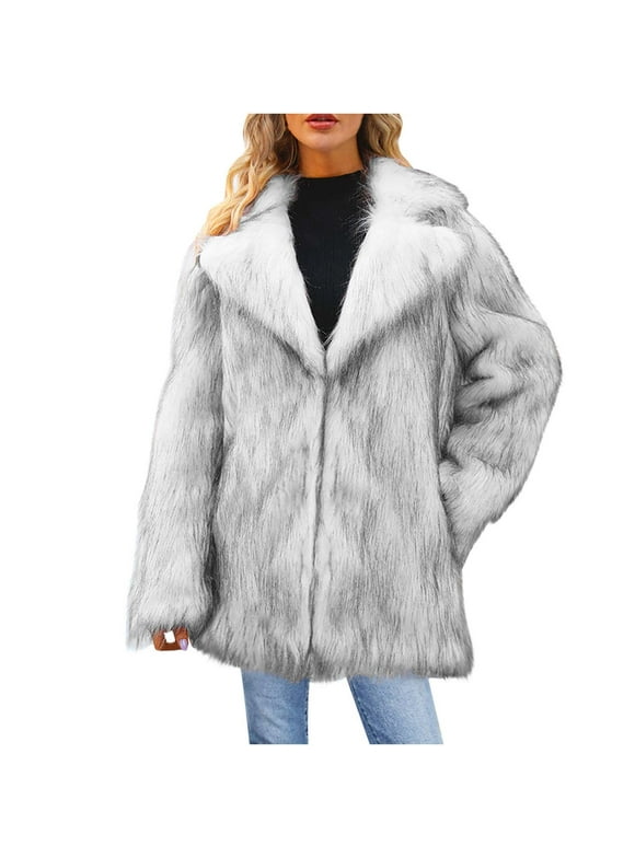 Women's Faux Fur Jackets & Coats Womens Ladies Warm Faux Furry Long Coat Jacket Winter Solid V-neck Outerwear Yellow XXXL