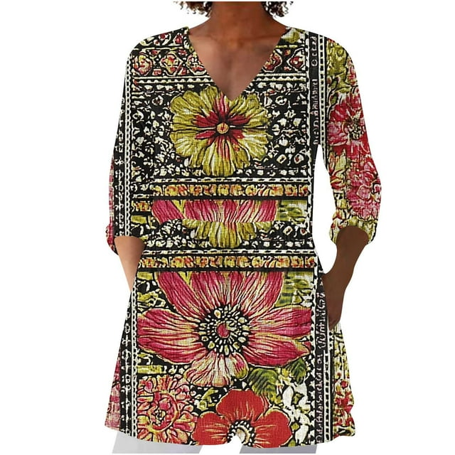 BangWanChi Women's Floral Print 3/4 Sleeve Shirts V-Neck Relaxed Fit Vintage Style Top for Spring/Summer