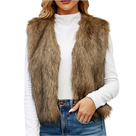 BangWanChi Women's Fur Vest Womens Ladies Warm Faux Furry Coat Jacket Winter Solid V-neck Outerwear Brown S