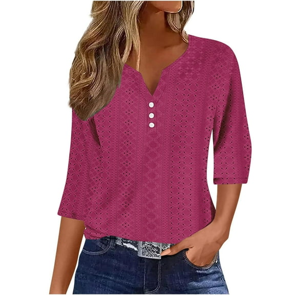 BangWanChi Women's Loose And Casual Hot Pink Color V-Neck 3/4 Sleeves And 3/4 Sleeves Top