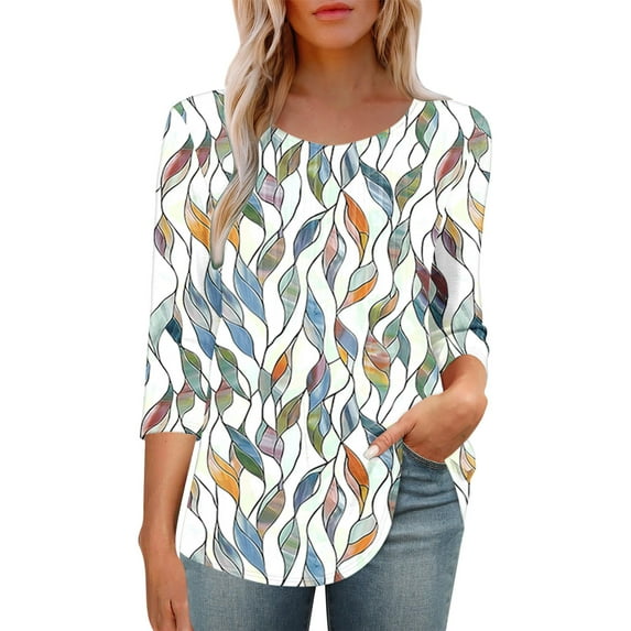 BangWanChi Women's New 3/4 Sleeve Round Neck Cover Casual Pleated Tunic Top Curved Hem Printed Fashion Tops