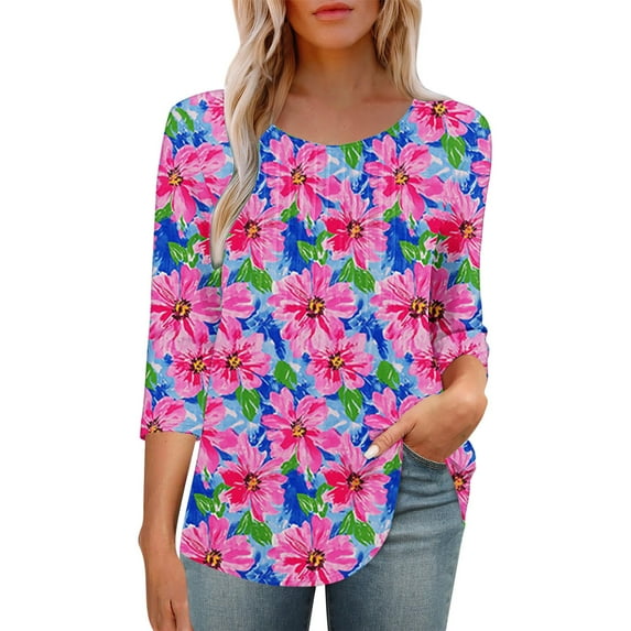 BangWanChi Women's New 3/4 Sleeve Round Neck Cover Casual Pleated Tunic Top Curved Hem Printed Fashion Tops