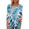 thumbnail image 1 of BangWanChi Women's New 3/4 Sleeve Round Neck Cover Casual Pleated Tunic Top Curved Hem Printed Fashion Tops, 1 of 6