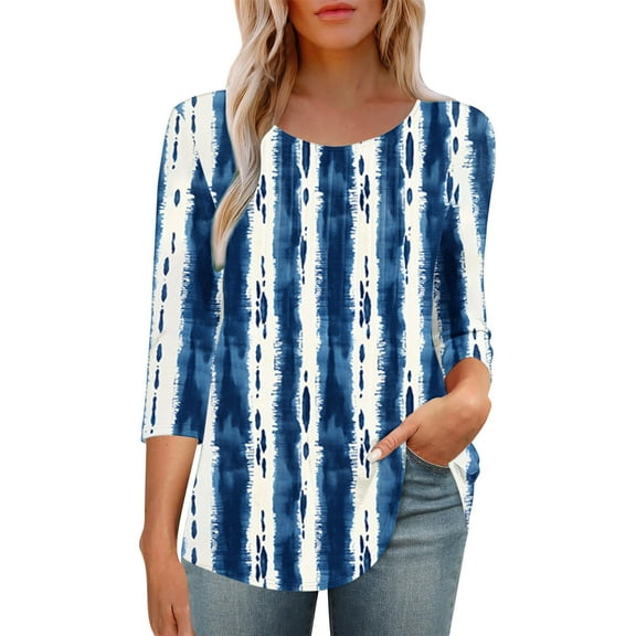 BangWanChi Women's New 3/4 Sleeve Round Neck Cover Casual Pleated Tunic Top Curved Hem Printed Fashion Tops