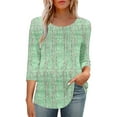 thumbnail image 1 of BangWanChi Women's New 3/4 Sleeve Round Neck Cover Casual Pleated Tunic Top Curved Hem Printed Fashion Tops, 1 of 6