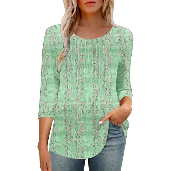 BangWanChi Women's New 3/4 Sleeve Round Neck Cover Casual Pleated Tunic Top Curved Hem Printed Fashion Tops