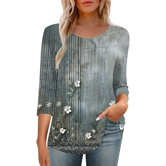BangWanChi Women's New 3/4 Sleeve Round Neck Cover Casual Pleated Tunic Top Curved Hem Printed Fashion Tops