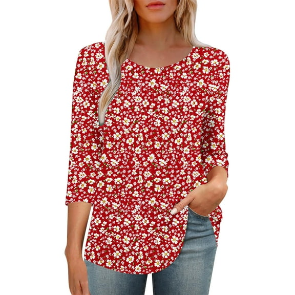 BangWanChi Women's New 3/4 Sleeve Round Neck Cover Casual Pleated Tunic Top Curved Hem Printed Fashion Tops