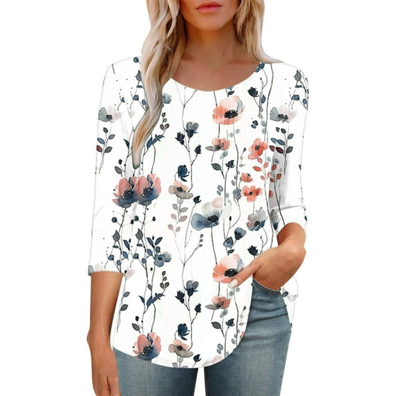 BangWanChi Women's New 3/4 Sleeve Round Neck Cover Casual Pleated Tunic Top Curved Hem Printed Fashion Tops