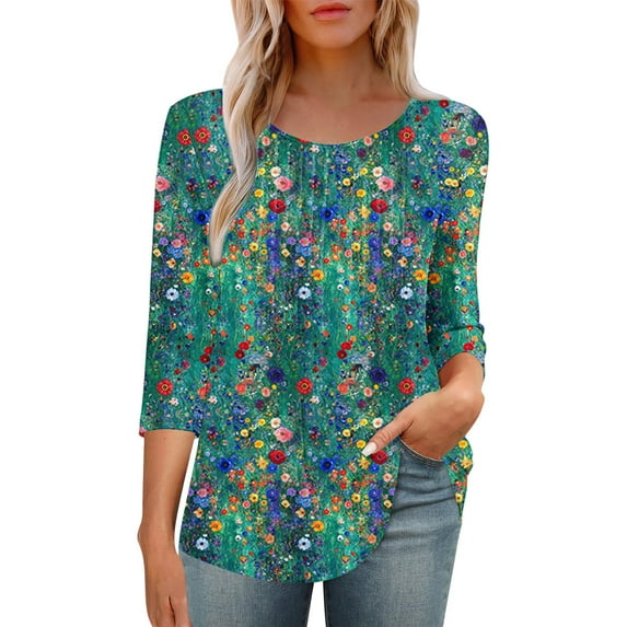 BangWanChi Women's New 3/4 Sleeve Round Neck Cover Casual Pleated Tunic Top Curved Hem Printed Fashion Tops