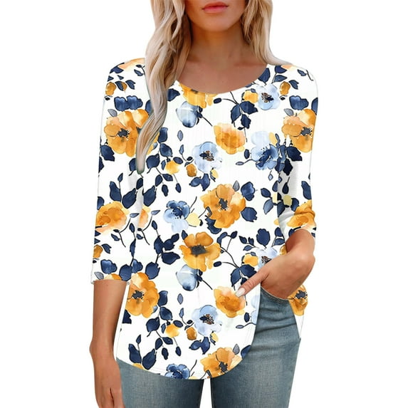 BangWanChi Women's New 3/4 Sleeve Round Neck Cover Casual Pleated Tunic Top Curved Hem Printed Fashion Tops