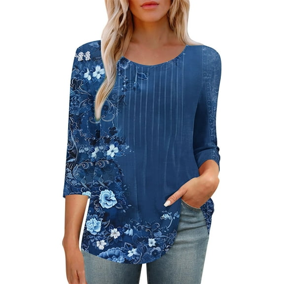 BangWanChi Women's New 3/4 Sleeve Round Neck Cover Casual Pleated Tunic Top Curved Hem Printed Fashion Tops
