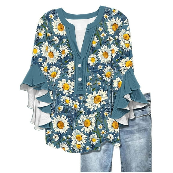 BangWanChi Women's New Lace Shirt Tops 3/4 Sleeve V-Neck Button Casual Floral Print Loose Top