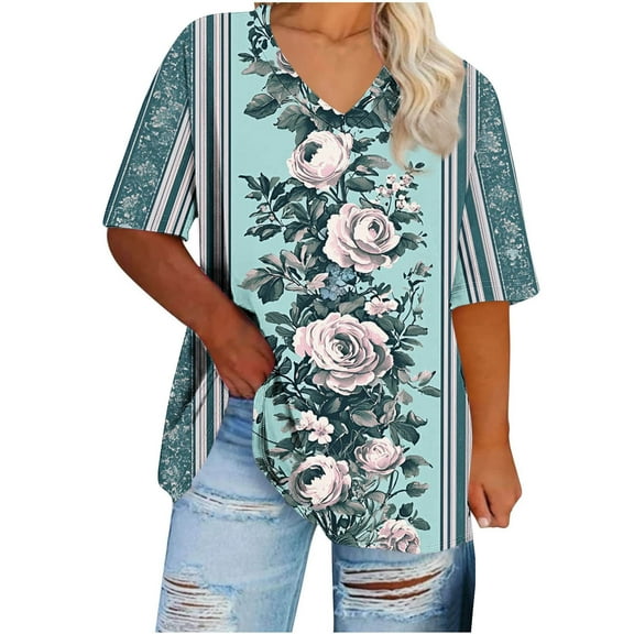 BangWanChi Women's Plus Size Loose Fit Tops V-Neck Printing Short Sleeve Solid Color Summer Base T-shirt