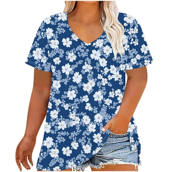 BangWanChi Women's Plus-Size Loose Fit Tops V-Neck Short Sleeved Floral Printing Base Shirt