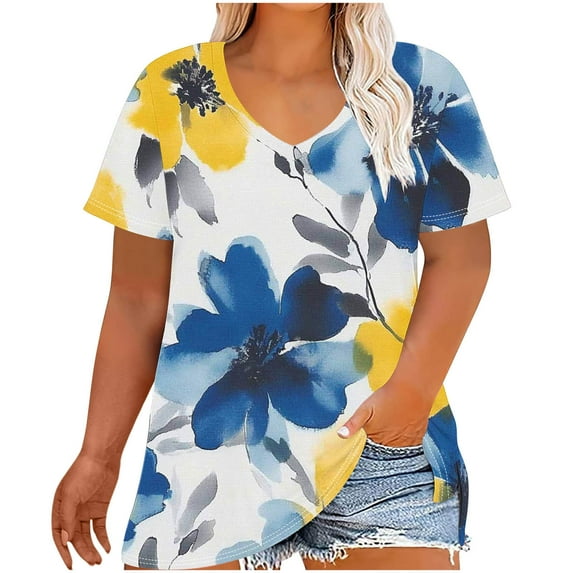 BangWanChi Women's Plus-Size Loose Fit Tops V-Neck Short Sleeved Floral Printing Base Shirt