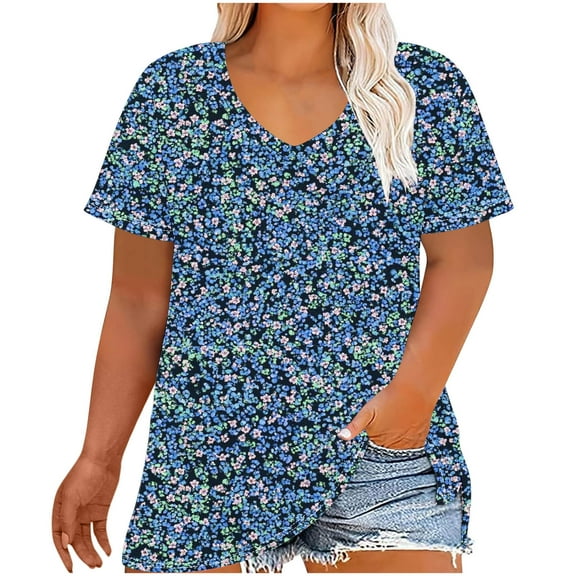 BangWanChi Women's Plus-Size Loose Fit Tops V-Neck Short Sleeved Floral Printing Base Shirt