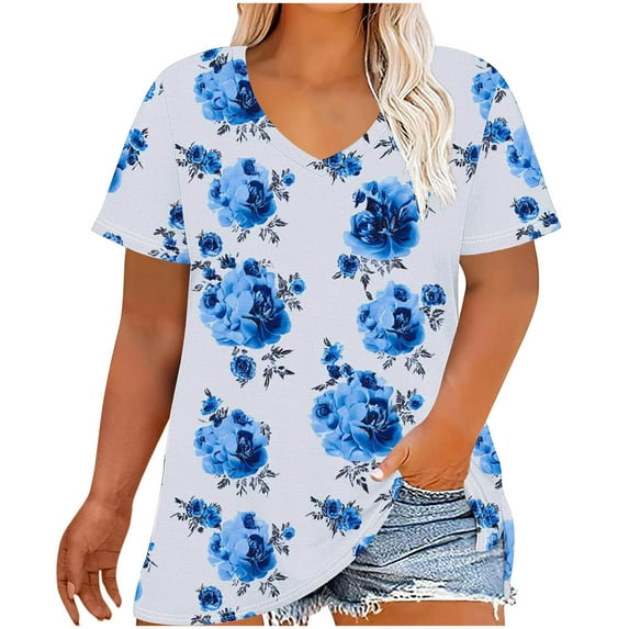 BangWanChi Women's Plus-Size Loose Fit Tops V-Neck Short Sleeved Floral Printing Base Shirt