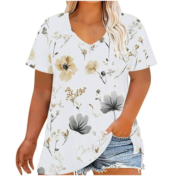 BangWanChi Women's Plus-Size Loose Fit Tops V-Neck Short Sleeved Floral Printing Base Shirt