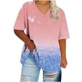 thumbnail image 1 of BangWanChi Women's Plus Size V-Neck Tops Printing Short Sleeve Solid Color Summer Base T-shirt, 1 of 5