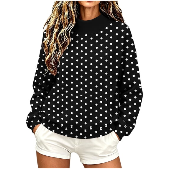 BangWanChi Women's Polka Dot Crew Neck Sweatshirt Long Sleeve Pullover with Front Pocket Casual Fall Top Black L