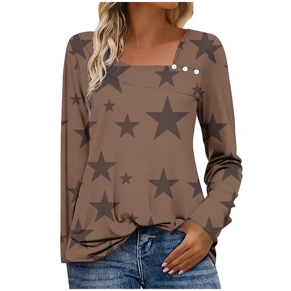 BangWanChi Women's Slouchy Crewneck Tops Buttoned Fashion Star Print Loose Casual Long Sleeve T-Shirt Top