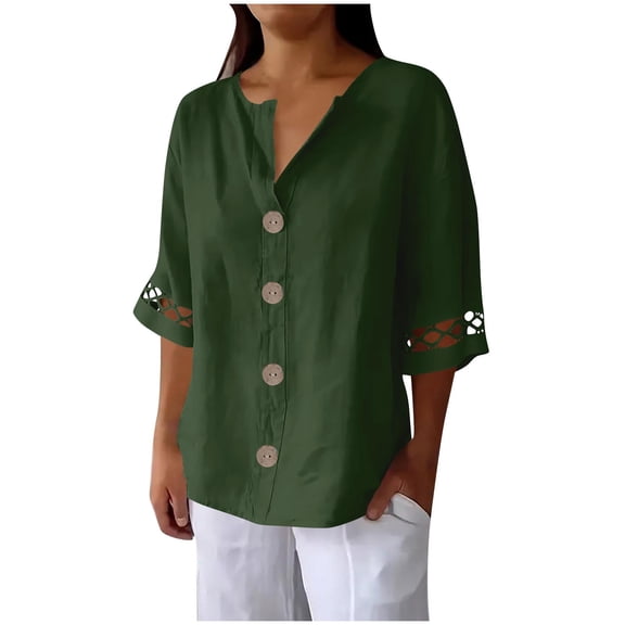 BangWanChi Women's Solid Color Linen Button-Up Shirts Home Casual T-Shirt Lace Splice Three-Quarter Sleeve Top Army Green XXL