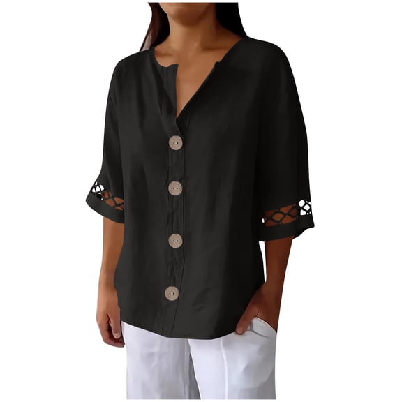 BangWanChi Women's Solid Color Linen Button-Up Shirts Home Casual T-Shirt Lace Splice Three-Quarter Sleeve Top Black XXL