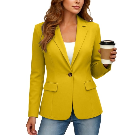 BangWanChi Women's Solid Color Long Sleeve Blazer Notch Lapel Single Button Open Front Work Office Suit Jacket with Pockets