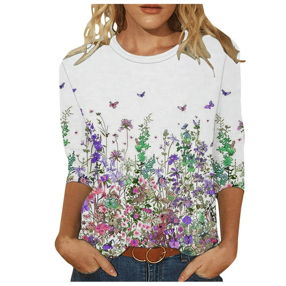 BangWanChi Womens 3/4 Sleeves Casual Shirts Pullover Comfortable Loose Tunic Tops Floral Print Blouse