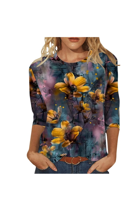 Womens 3/4 Sleeves Casual Shirts Pullover Comfortable Loose Tunic Tops Floral Print Blouse