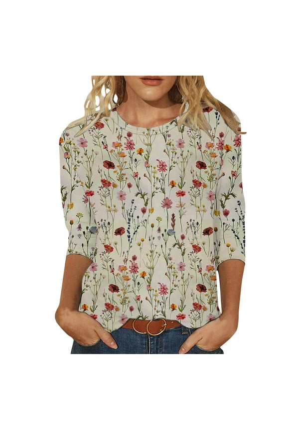 Womens 3/4 Sleeves Casual Shirts Pullover Comfortable Loose Tunic Tops Floral Print Blouse