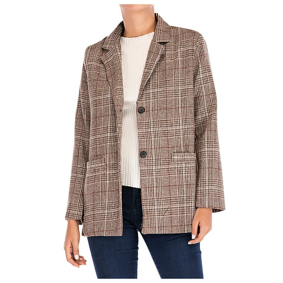 BangWanChi Womens Blazers Casual Women Versatile Long Sleeved With Pockets Checkered Retro Casual Suit Overcoat
