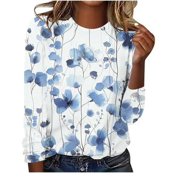 BangWanChi Womens Blouses for Work Fashionable Women's Printed Round Neck Pullover Long Sleeved Casual Top
