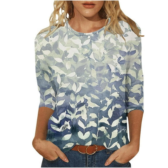 BangWanChi Womens Blouses for Work Cotton Women's Fashion Casual Color Block Printing Round Neck 3/4 Sleeve T-shirt Top Blouse