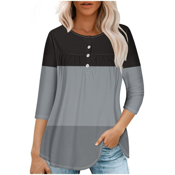 BangWanChi Womens Blouses for Work Plus Size Women Casual Summer Printed T-shirt Quarter Sleeve Round Neck Ruched Pullover Blouse Tops