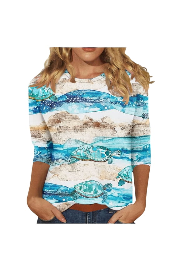 Womens Blouses for Work Professional Plus Size Women's Casual 3/4 Sleeved Round Neck Print Top Long Sleeved Round Neck Top/shirt