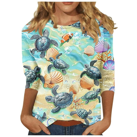 BangWanChi Womens Blouses for Work Professional Plus Women's Casual 3/4 Sleeved Round Neck Print Top Long Sleeved Round Neck Top/shirt