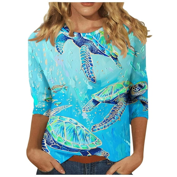 BangWanChi Womens Blouses for Work Professional Women's Casual 3/4 Sleeved Round Neck Print Top Long Sleeved Round Neck Top/shirt