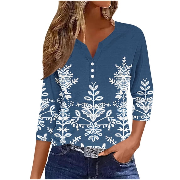 BangWanChi Womens Blouses for Work Women's Fashion Casual Printed T-shirt 3/4 Sleeves Buttons Blouse V-Neck Casual Tops