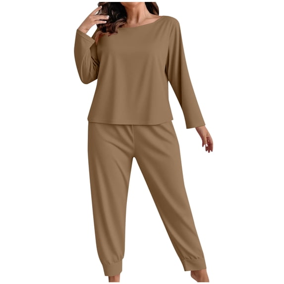 BangWanChi Womens Casual Home Suit Set Women's Large Size Fashionable Solid Color Long Sleeved Pajama Pant Sets