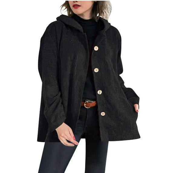 BangWanChi Womens Coats Dressy Women's Fashion Hooded Loose Corduroy Casual Jacket For Women Long-sleeved Hooded Casual Coat/jacket Black XL