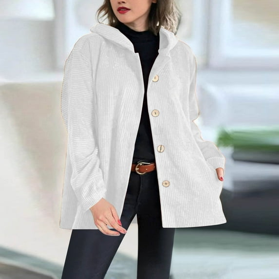 BangWanChi Womens Coats Dressy Women's Fashion Hooded Loose Corduroy Casual Jacket For Women Long-sleeved Hooded Casual Coat/jacket White XL