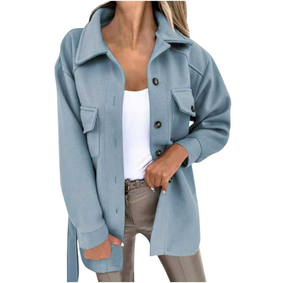 BangWanChi Womens Coats Winter Clearance Prime Women's Button Solid Color Long Sleeved Lace Up Lapel Pocket Woolen Coat