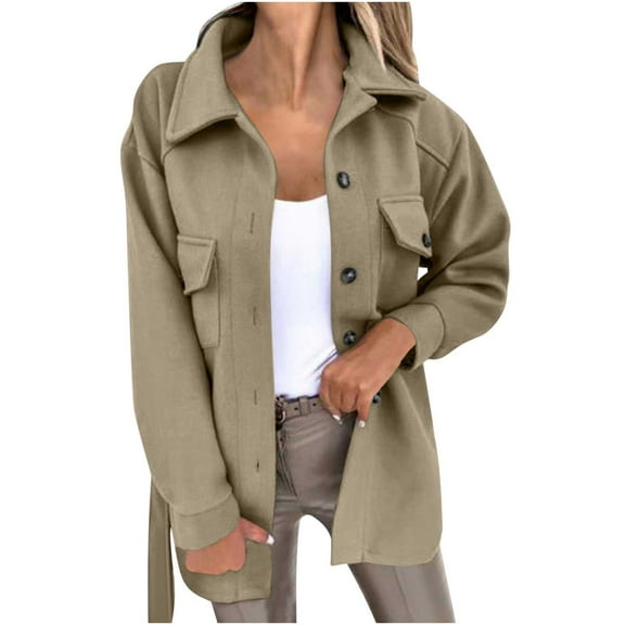 BangWanChi Womens Coats Winter Clearance Prime Women's Button Solid Color Long Sleeved Lace Up Lapel Pocket Woolen Coat