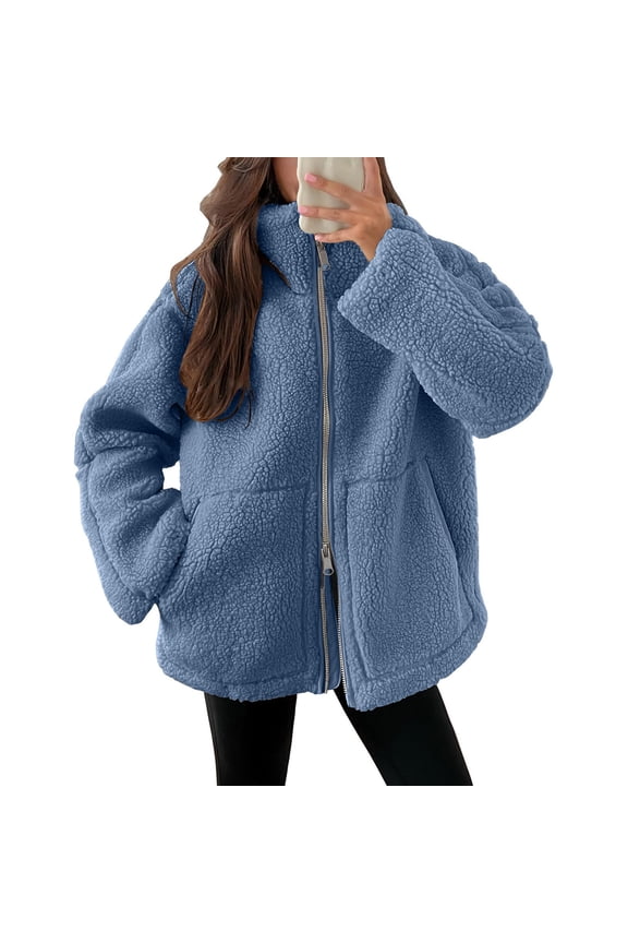 Womens Coats Winter Prime Women's Solid Winter Faux Coats Long Sleeve Lapel Pockets Fleece Jacket Casual Trendy Outerwear Blue L