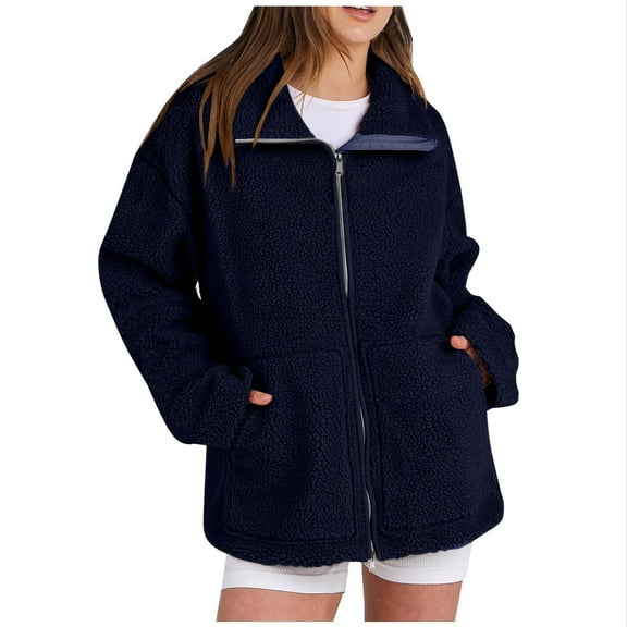BangWanChi Womens Coats Winter Prime Women's Solid Winter Faux Coats Long Sleeve Lapel Pockets Fleece Jacket Casual Trendy Outerwear Navy XXL