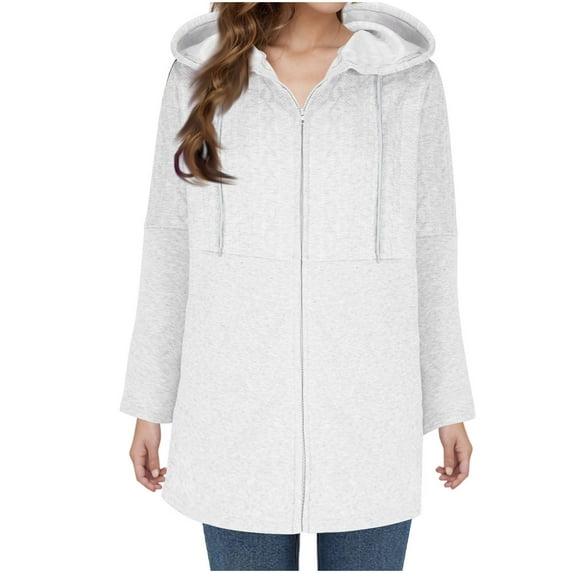BangWanChi Womens Coats with Hood Women's Winter New Solid Color Hoodie Mid-Length Zipper Cardigan Jacket Long Sleeve Top