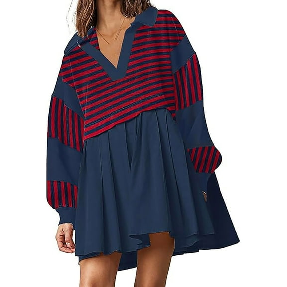 BangWanChi Womens Dresses Casual Women’s Oversized Casual Sweatshirt Patchwork Dress Fall Long Sleeve Trendy Lapel Neck Pleated Mini Dress